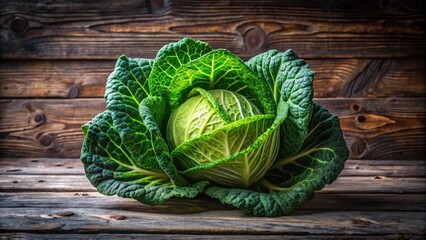 Aufkleber - A Vibrant Savoy Cabbage on Rustic Wooden Surface, a symbol of freshness and healthy eating