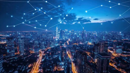 Poster - Futuristic metropolis illuminated at twilight: A digital web connecting the cityscape
