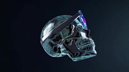 Poster - Chrome human skull wearing virtual reality goggles experiencing metaverse with glowing blue and purple lights on dark background, exploring the immersive digital world