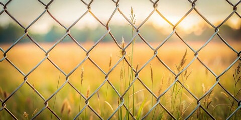 Poster - Golden Hour Meadow Seen Through Chain Link Fence A Serene Pastoral Scene at Sunset