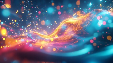 Leinwandbilder - Abstract background with glowing particles forming a wave like pattern. Blue, pink, and orange hues create a vibrant, energetic atmosphere. The particles shimmer and sparkle, creating a sense of