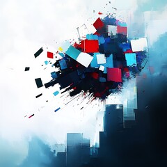 Poster - Abstract digital painting featuring a dynamic explosion of colorful geometric shapes, predominantly red, blue, and white, against a muted blue and white city background. The style is energetic and