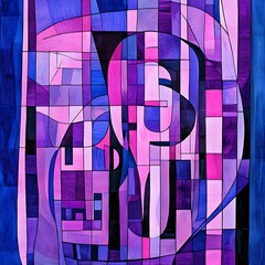 Poster - Abstract artwork featuring a blend of pink, purple, and blue hues. Geometric shapes and lines create a dynamic composition, with a sense of depth and movement. The style evokes a feeling of modernism