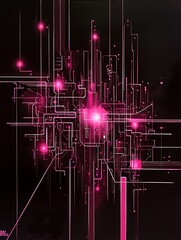 Poster - Abstract digital art featuring a complex network of glowing pink lines and nodes against a dark background. The intricate design evokes a sense of technological complexity and energy. The pink lines