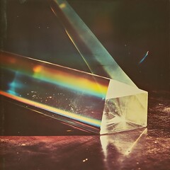 Leinwandbilder - Abstract image of two prisms refracting light, creating a rainbow effect on a dark background. One prism is larger and rectangular, the other smaller and square. The prisms rest on a dark, reflective