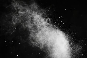 Poster - Abstract explosion of white particles against a black background.  Fine mist or powder dispersing