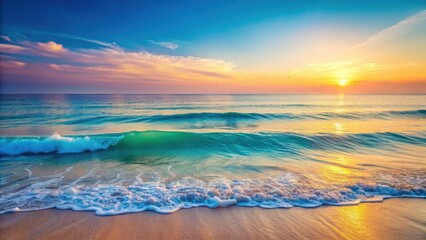 Poster - Serene Coastal Sunset Ocean Waves Gently Rolling Onto a Sandy Shore at Golden Hour