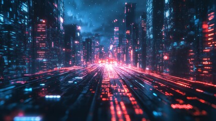 Poster - Dystopian cityscape bathed in neon lights and streaking light trails night scene