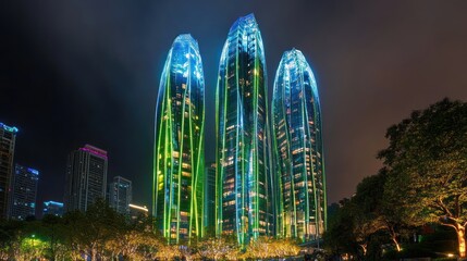 Poster - Illuminated architectural marvels: A trio of futuristic towers glowing at night