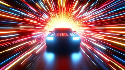 Poster - A dark colored car drives through a tunnel of vibrant, multicolored light streaks. The streaks radiate outwards, creating a dynamic, fast paced feel. The car's headlights illuminate the road ahead