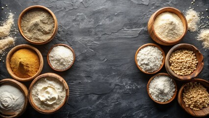 Poster - Assortment of Various Grains and Flours in Wooden Bowls on Dark Surface