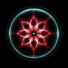 Poster - Abstract red and teal glowing mandala design on black background. Intricate geometric floral pattern with radiating lines and circular frame.  Digital art with bright neon lights and glowing effect