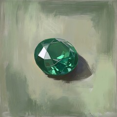 Poster - Close up of a vibrant green gemstone, exhibiting a brilliant cut and facets. The jewel rests on a muted green gray background with visible brushstrokes, suggesting a painted or digitally rendered