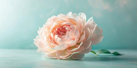 Poster - A Delicate Peach Peony Flower Resting on a Soft Aqua Surface, Its Petals Unfurling in Gentle Elegance, Evoking Feelings of Serenity and Tranquility