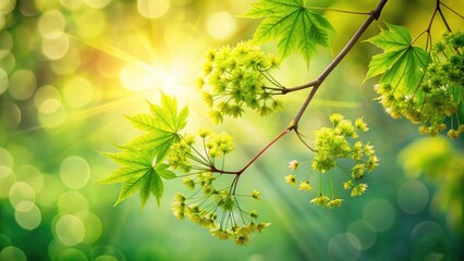 Aufkleber - Radiant Springtime Branch with Vibrant Green Leaves and Blossoms Basking in Sunlight's Embrace