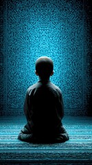 Poster - Silhouette of individual performing prayer in a peaceful room with intricate carpet design