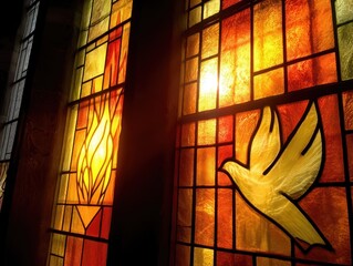 Poster - Stained glass window featuring fire and dove symbols with warm light passing through