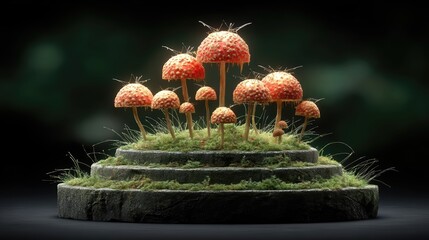 Fototapete - Unique arrangement of vibrant mushrooms on a mossy stone base in a dark forest setting