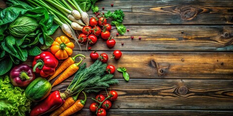 Aufkleber - A vibrant collection of fresh vegetables arranged on a rustic wooden surface, showcasing a variety of colors and textures, perfect for a healthy and delicious meal.