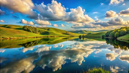 Poster - Serene Landscape Reflecting a Sky of Majestic Clouds and Rolling Green Hills