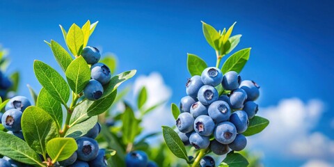 Poster - Luscious Blueberries on a Branch Against a Vivid Blue Sky, a Summer Harvest Bounty
