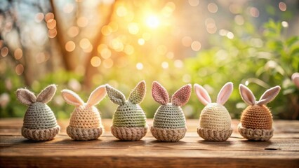 Poster - Charming Crochet Bunny Egg Decorations on Wooden Surface Basking in Spring Sunlight