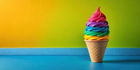 Poster - A vibrant rainbow-colored ice cream cone sits on a blue surface against a yellow and green backdrop