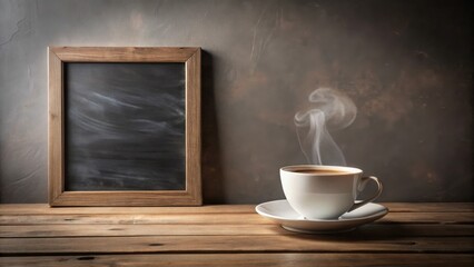Poster - Aromatic Coffee Steam Rising Beside a Rustic Wooden Frame with Blank Chalkboard Surface on a Wooden Table