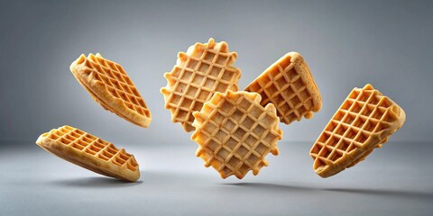 Aufkleber - Golden-brown waffles suspended in mid-air, a delightful display of crispy texture and sweet aroma, suggesting a culinary journey through deliciousness