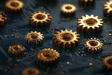 Poster - the integration of gears and circuitry illustrates the symbiotic connection between technological ad