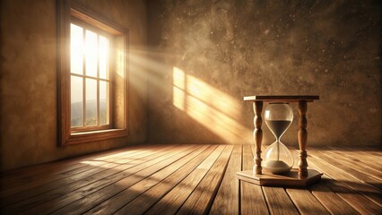 Aufkleber - Sunlit Room with Antique Hourglass on Wooden Floor, Evoking a Sense of Passing Time and Tranquility