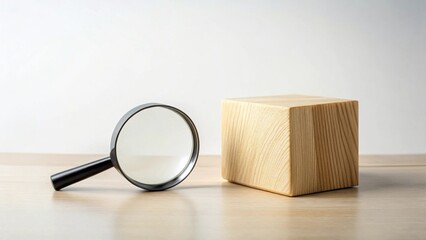 Poster - A magnifying glass rests near a solid wooden cube, symbolizing investigation and analysis of a simple, fundamental concept.