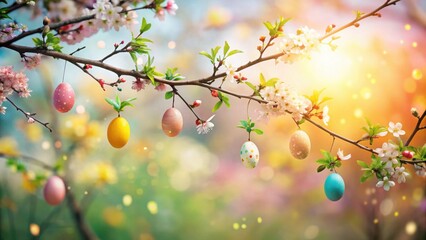 Poster - Delightful Easter Eggs Adorning a Blossoming Spring Branch with Pastel Hues and Soft Sunlight