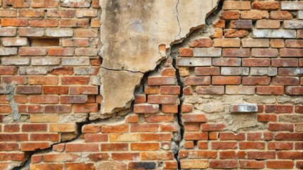 Aufkleber - A weathered brick wall with a significant crack reveals aged mortar and missing bricks, showcasing the texture and decay of time