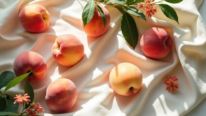 Aufkleber - Fresh peaches arranged on soft fabric with floral accents during daylight