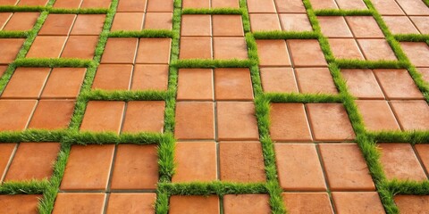 Aufkleber - Terracotta Tile Pathway with Green Grass Insets A Textured Landscape Design Detail