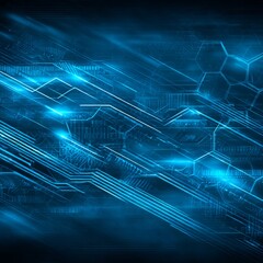 Leinwandbilder - Blue Digital Future: Abstract Tech Circuit Board with Glowing Lines and Hexagonal Patterns.