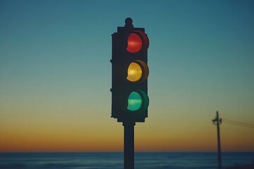 Poster - The red, orange, and green hues of a traffic light are starkly visible against the backdrop of a bright blue sky, where it sits in isolation