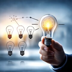 Fototapete - Sparking Innovation: Hand Holding a Bright Idea, Connecting Thoughts, and Illuminating the Path to Creative Solutions