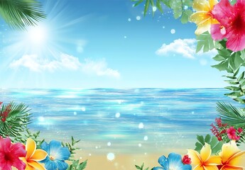 Wall Mural - a beach background with colorful flowers and palm leaves on the sides, a blue sky with sun rays and