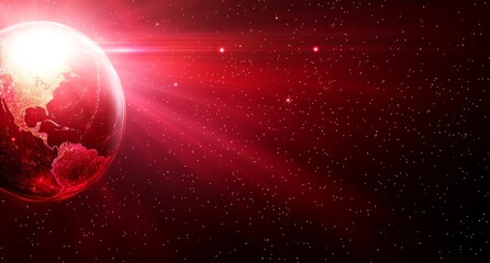 Poster - the globe shines brightly at the center of a dark canvas, emitting bursts of vibrant red and blue li