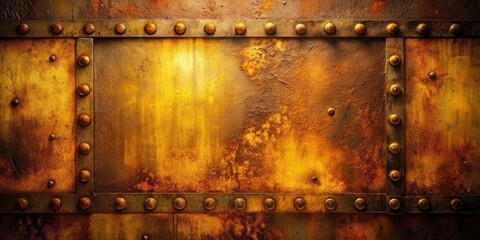 Aufkleber - Rustic Metallic Texture with Aged Gold and Brown Patina, Featuring a Rectangular Panel Secured by Rivets