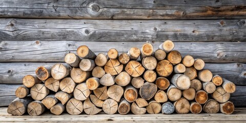 Aufkleber - A Stack of Rustic Wood Logs Against a Weathered Wooden Wall, Ideal for Cozy Autumn or Winter Themes