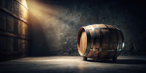 Aufkleber - A solitary wooden cask rests in a dimly lit cellar, bathed in a single beam of light, against a rustic backdrop of aged stone walls.