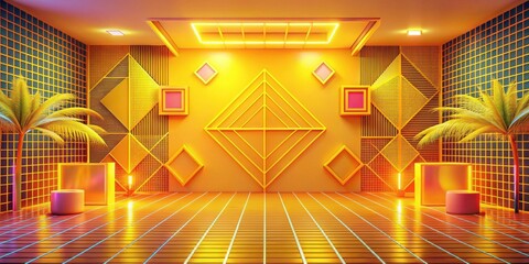 Poster - Vibrant Geometric Room Design with Tropical Accents and Illuminated Floor
