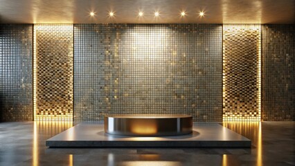 Poster - Elegant Gold and Gray Mosaic Backdrop with a Circular Pedestal Platform