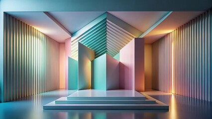 Fototapete - Abstract Pastel Interior Design A Modern Minimalist Architectural Rendering Featuring a Multi-Level Display Platform and Geometric Walls