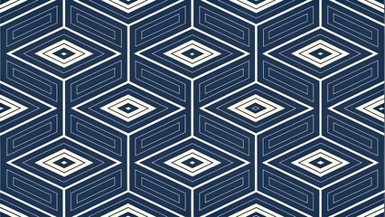 Poster - Elegant navy blue and cream geometric pattern design featuring interlocking cube shapes creating a mesmerizing optical illusion perfect for textile or wallpaper