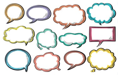 Wall Mural - a set of cartoon speech bubbles in various shapes and sizes, each with colorful outlines against a