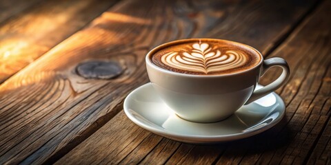 Aufkleber - Aromatic Coffee Beverage with Latte Art on Rustic Wooden Table